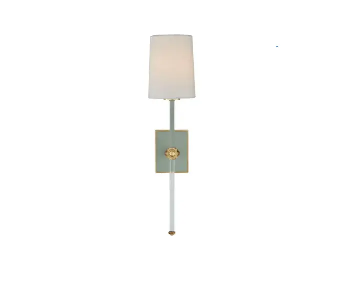 Visual Comfort Lucia Medium Tail Sconce in Celadon and Crystal With Linen Shade 