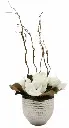 Soft Mangolia Flowers With Twig Vine In Silver Planter 