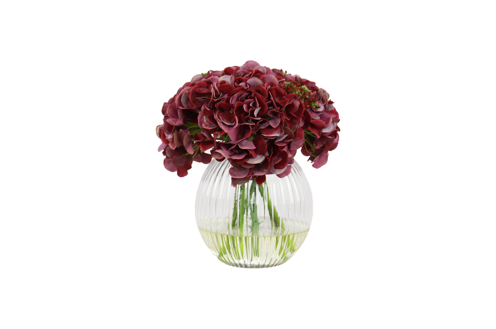 Soft Hydrangea Mauve In Ribbed Glass Vase