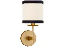 Visual Comfort Walker Small Sconce in Gild With Cream Linen Shade With Black Linen Trim 