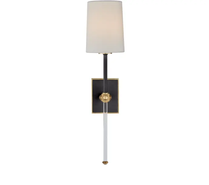 Visual Comfort Lucia Medium Tail Sconce in Matte Black and Crystal With Linen Shade 