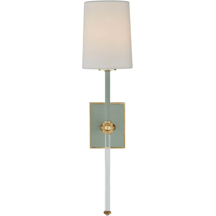 Visual Comfort Lucia Medium Tail Sconce in Celadon and Crystal With Linen Shade 