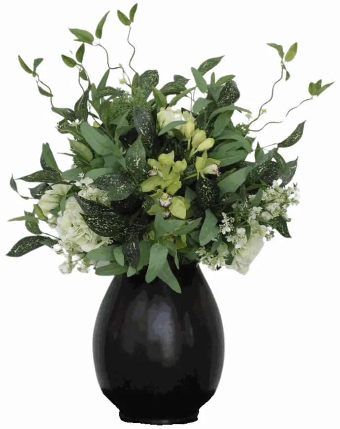 Soft Cymbidium Lime With Hydrangea And Foliage In Flora Urn