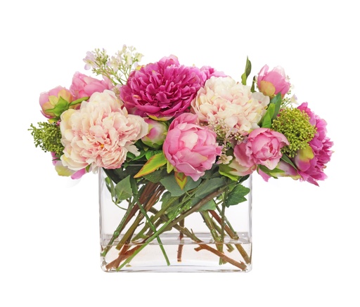 [TDH1006] Soft Peony Mix In Rectangle Glass Vase